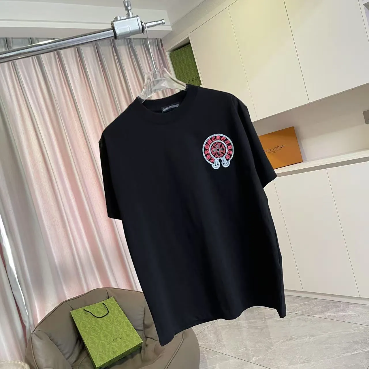 🅿️200 ch Cro* 2025 summer new style Sanskrit horseshoe cross cross vacuum embroidery short-sleeved t-shirt customized fabric 300g same style for men and women Size: S M L XL XXL Five codes Color: black white